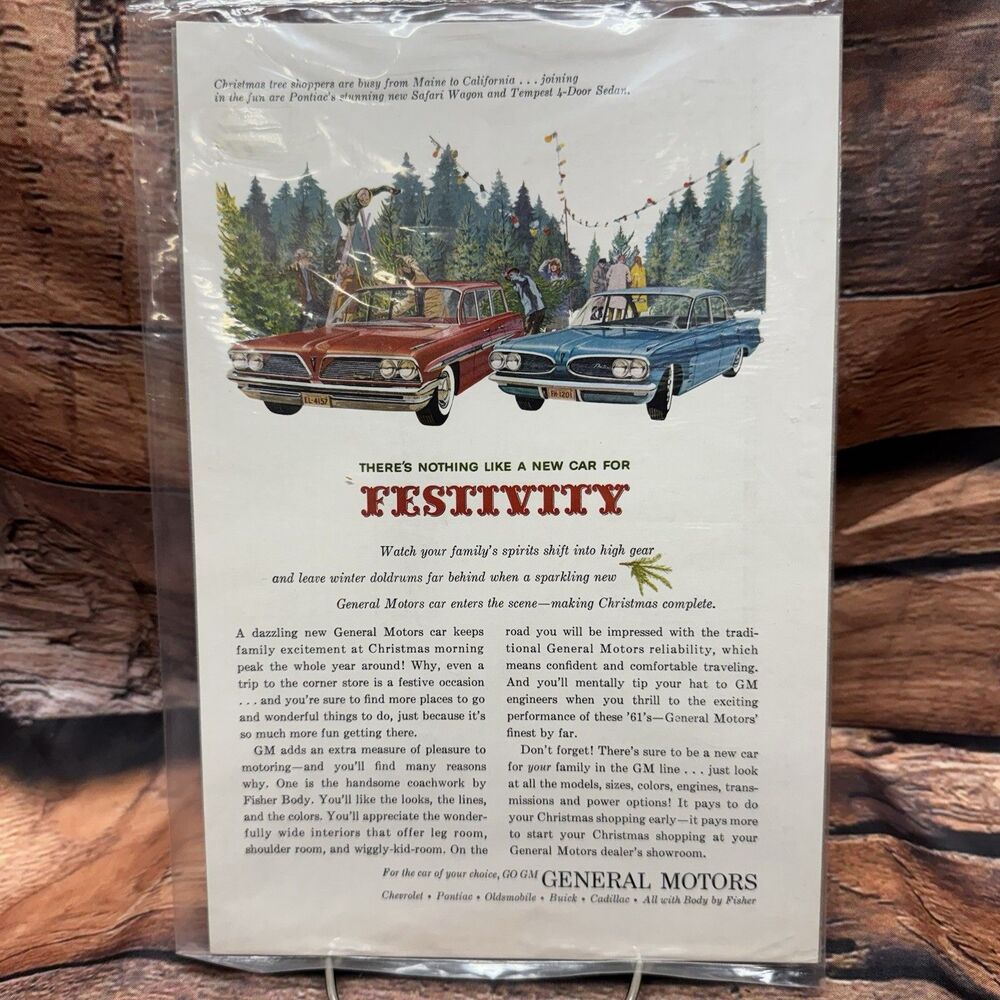 1960 GM Christmas Print Ad 1961 Pontiac Safari Wagon Tempest Car Art 6.75x10
